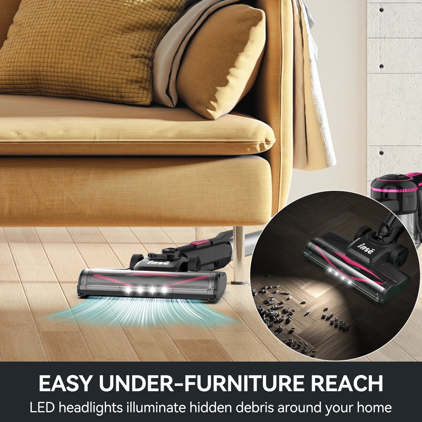 INSE N5T Cordless Vacuum Cleaner, 25Kpa 1.2L Large Dustbin, 6 in 1 Handheld Vacuum for Household Cleaning